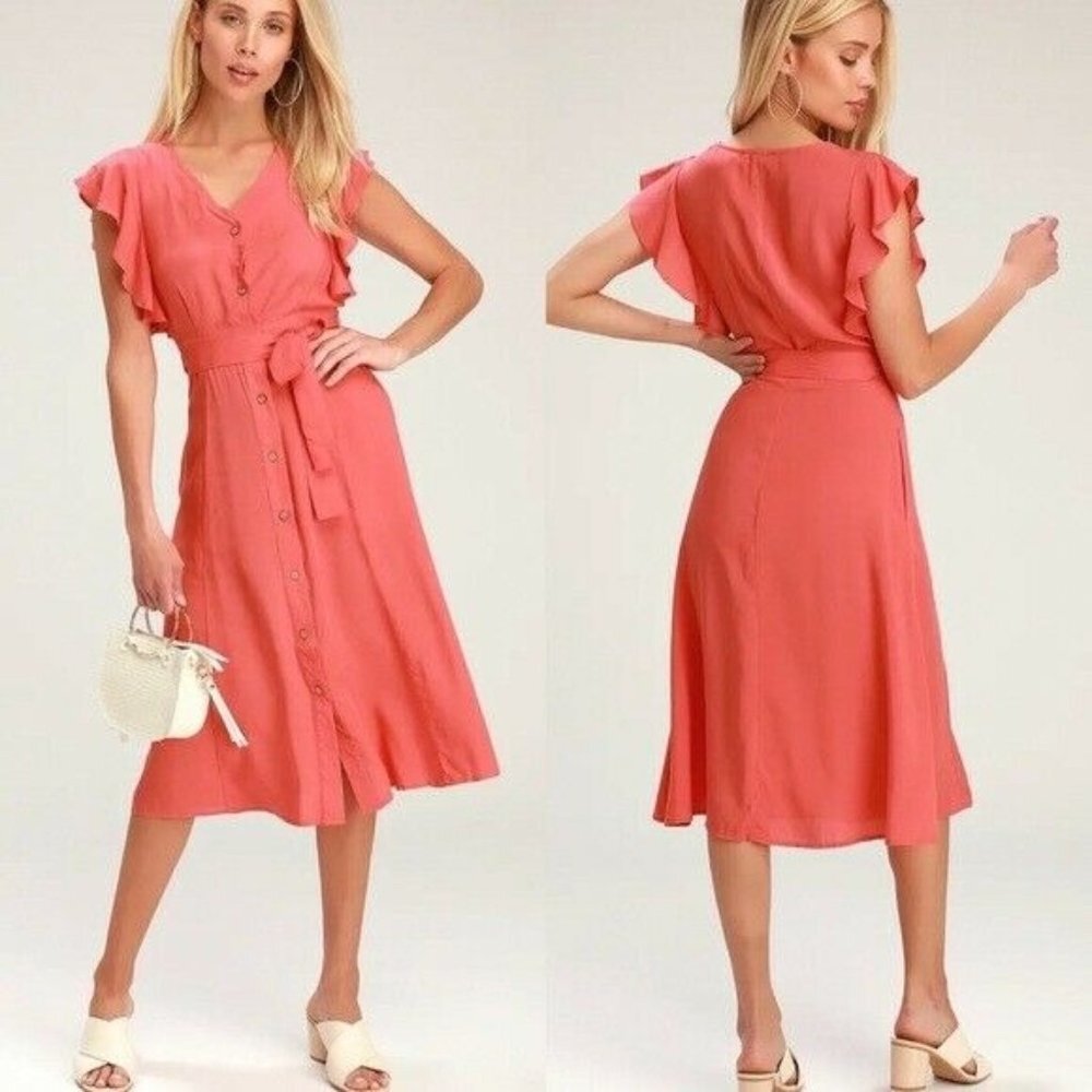 NWT Lulus Capri Coast Button Front Midi Dress Size Large Coral